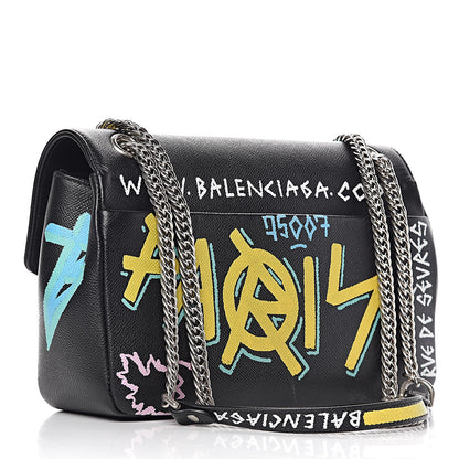 Balenciaga Grained Calfskin Graffiti M BB Round Shoulder Bag Black Multicolor 3 of 22