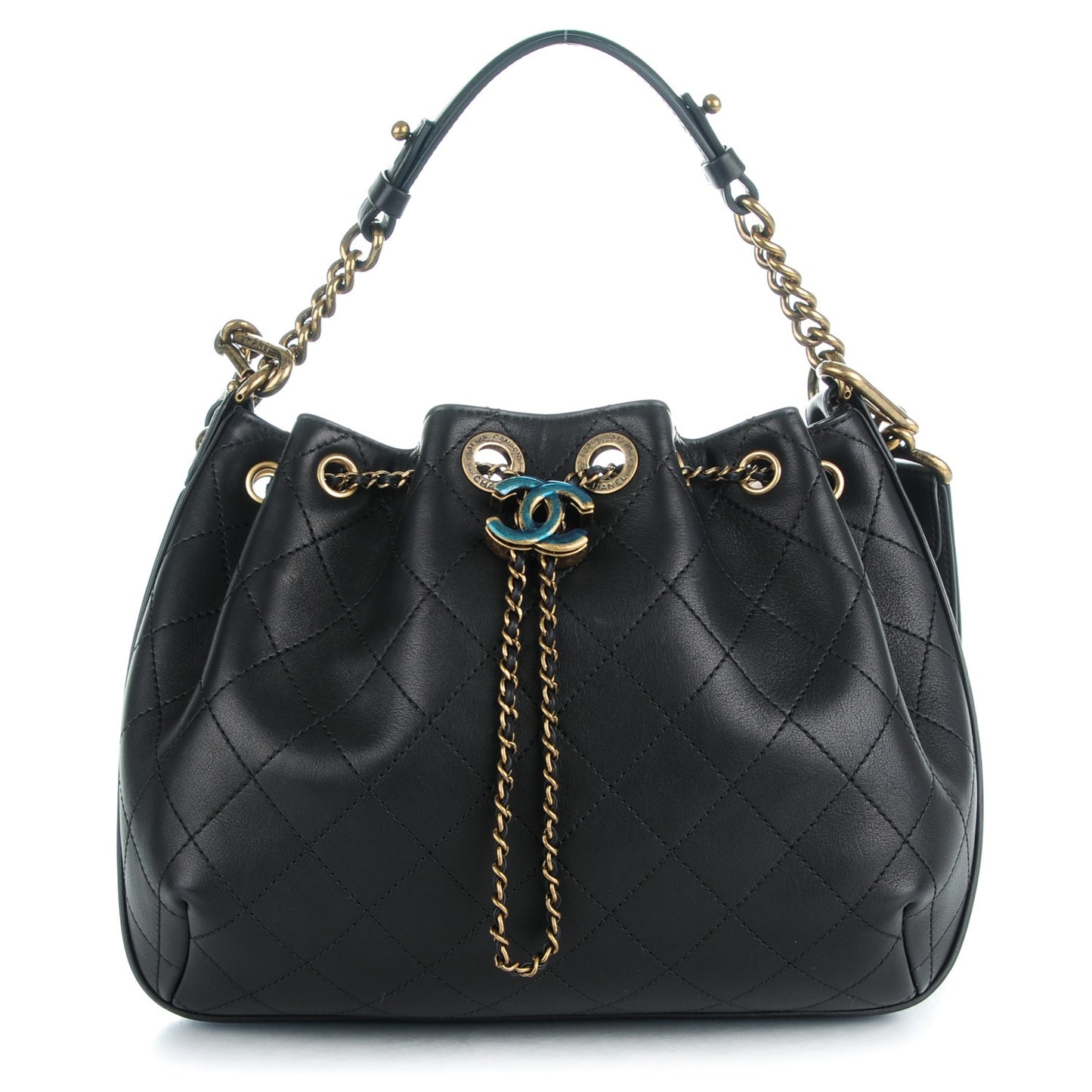 Calfskin Stitched Medium Drawstring CC Bag Black