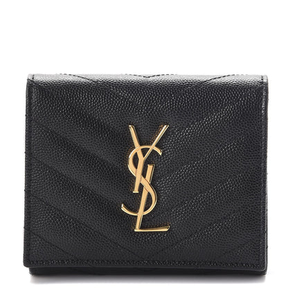 Saint Laurent Grain De Poudre Matelasse Chevron Monogram Compact Wallet Black 1 of 8