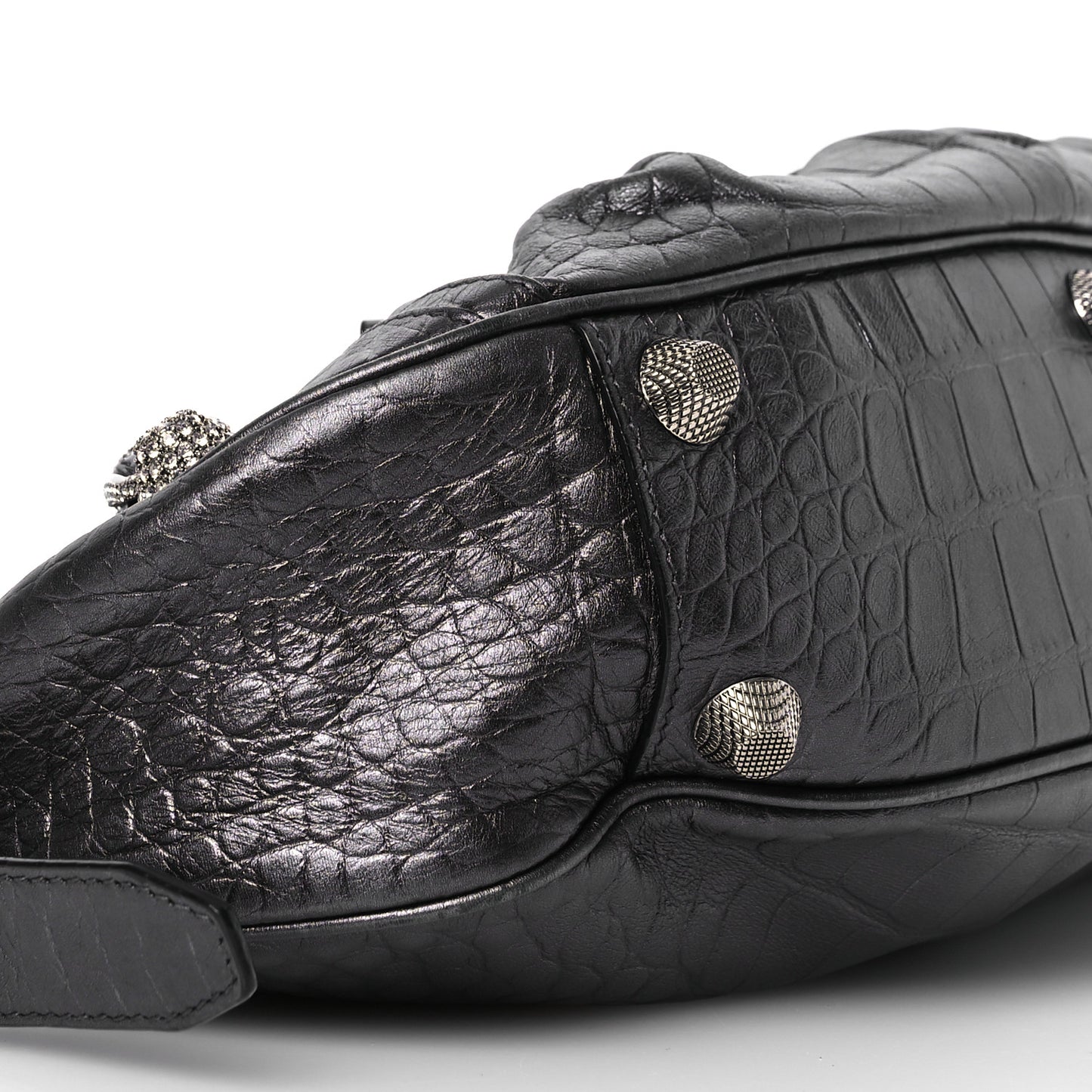 Metallic Calfskin Crocodile Embossed Crystal Small Le Cagole Shoulder Bag Gunmetal