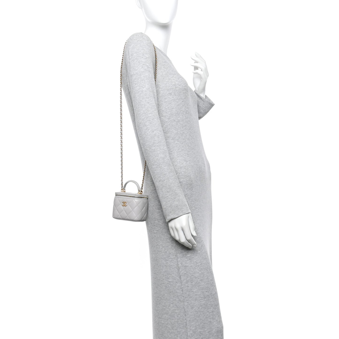 Lambskin Quilted Top Handle Mini Vanity Case With Chain Grey