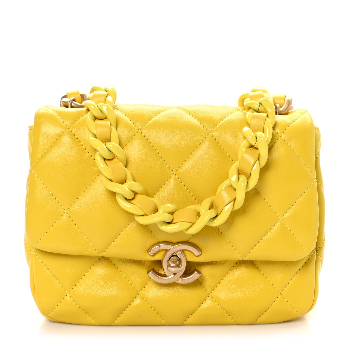 Lambskin Quilted Mini Lacquered Chain Flap Yellow