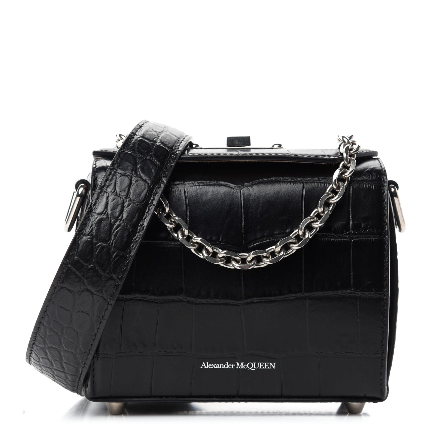 Calfskin Crocodile Embossed Box Shoulder Bag 16 Black