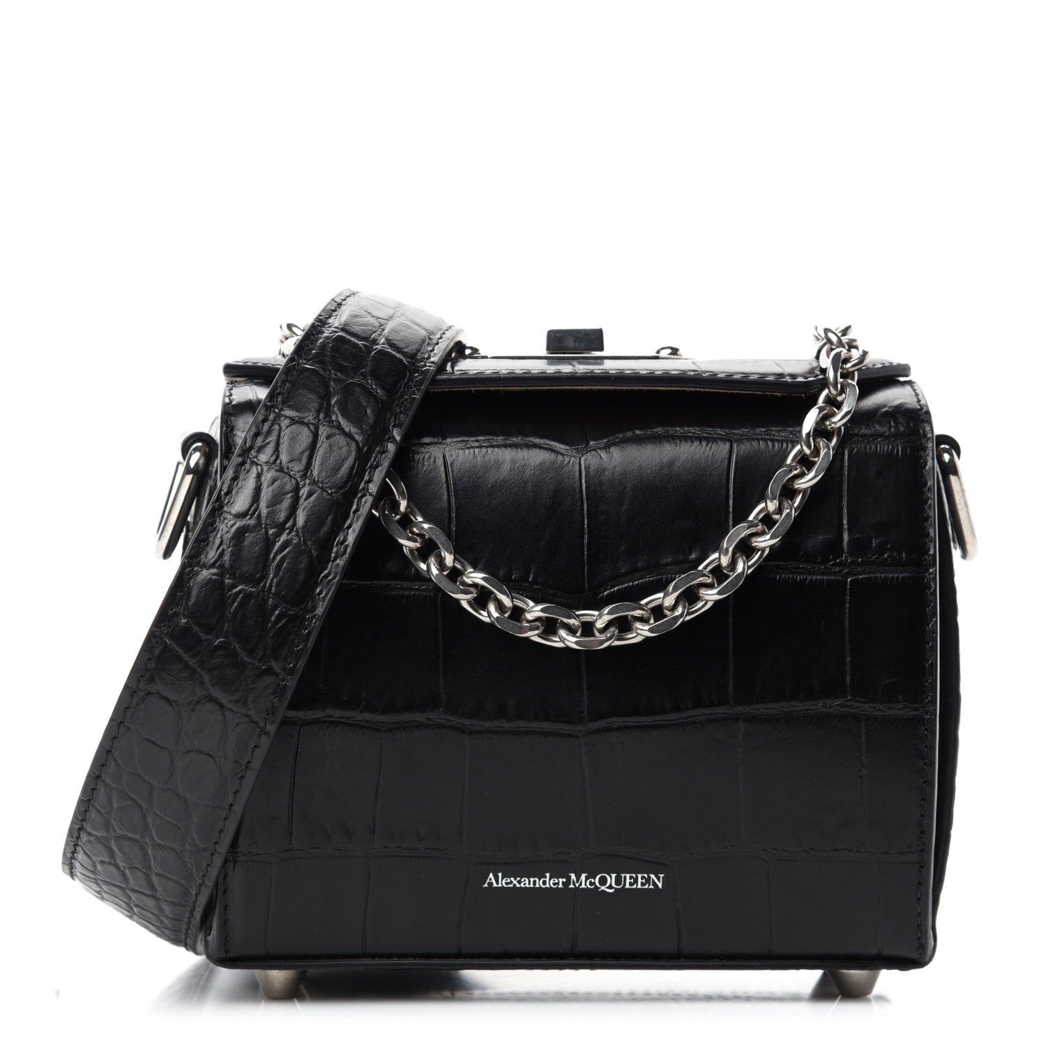Alexander McQueen Calfskin Crocodile Embossed Box Shoulder Bag 16 Black 1 of 10