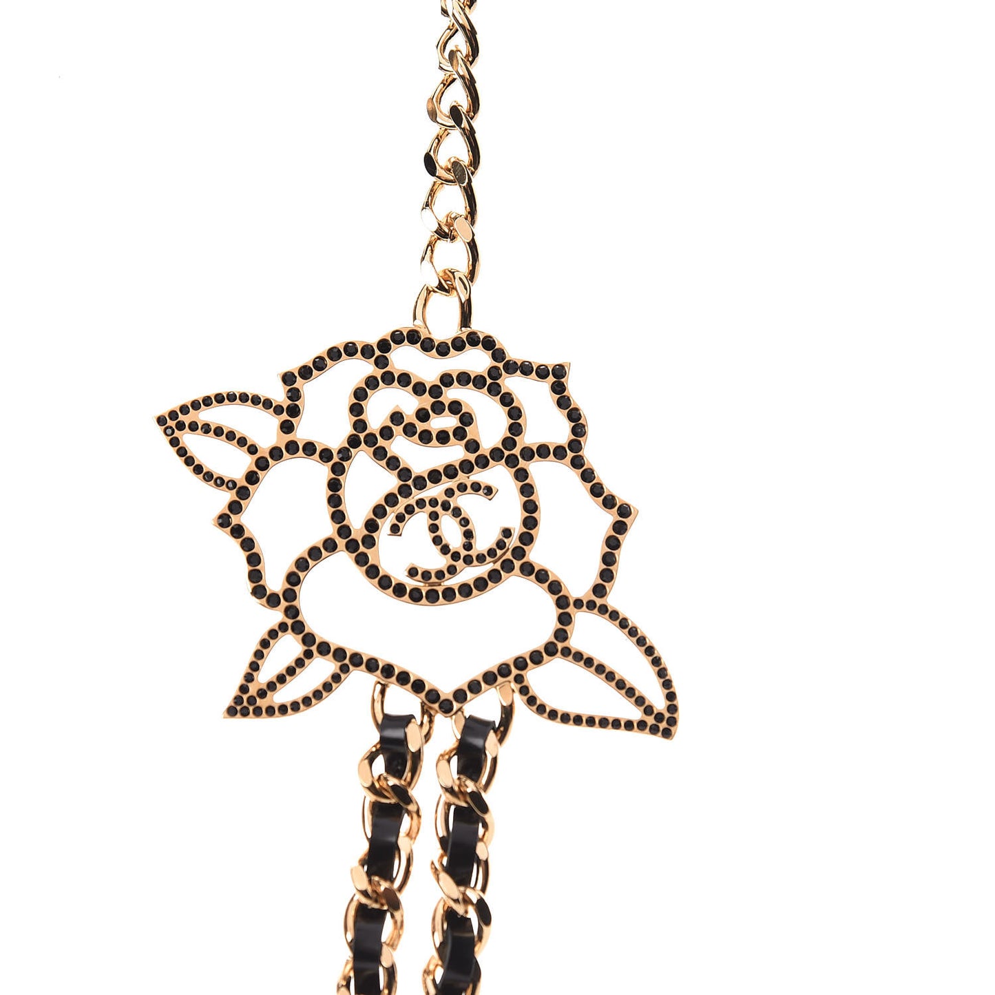 Glazed Calfskin Crystal CC Camellia Long Necklace Gold