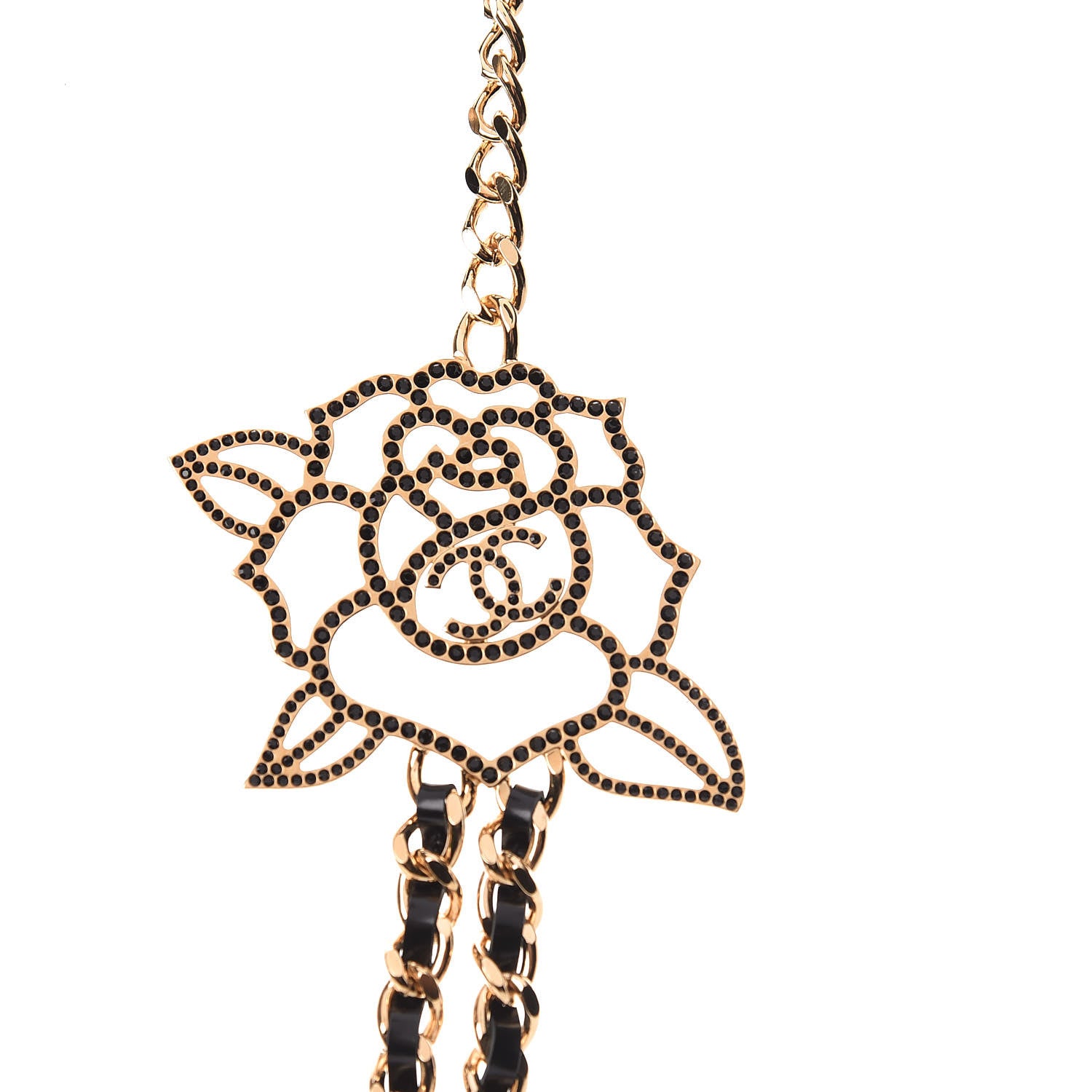 Chanel Glazed Calfskin Crystal CC Camellia Long Necklace Gold 4 of 7