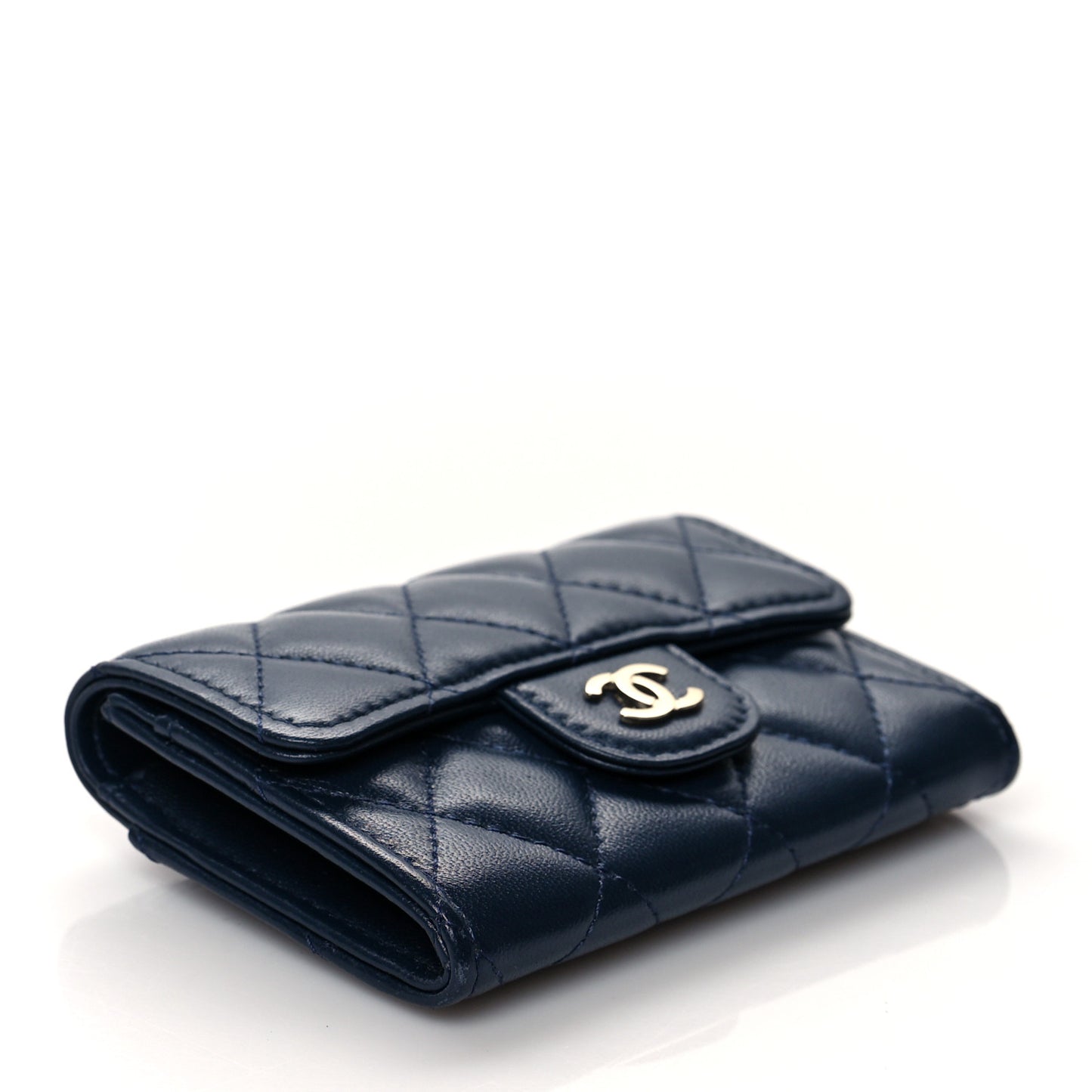 Lambskin Quilted Flap Card Holder Wallet Navy