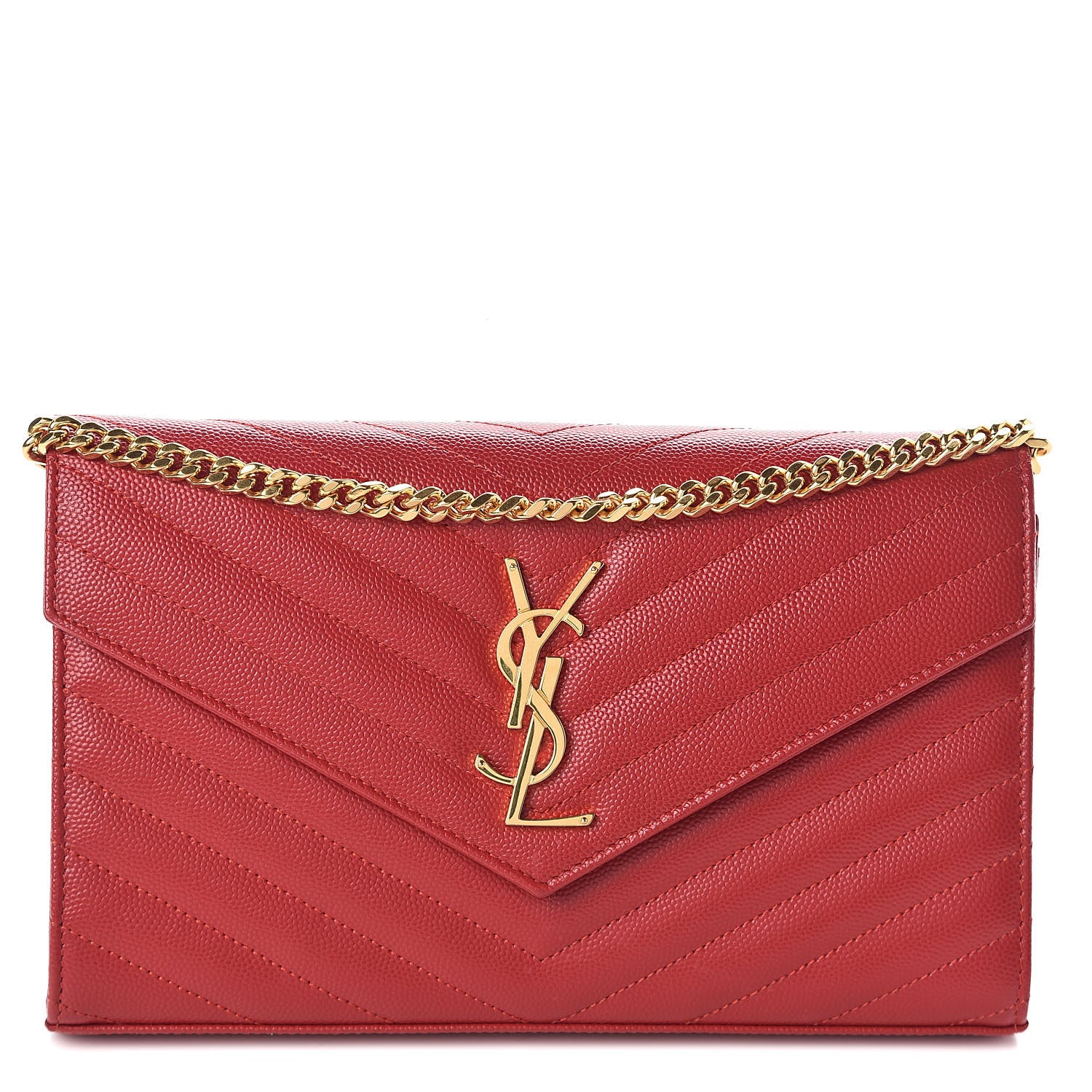 Saint Laurent Grain De Poudre Matelasse Chevron Monogram Chain Wallet New Red 1 of 9