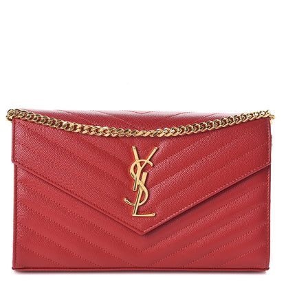 Saint Laurent Grain De Poudre Matelasse Chevron Monogram Chain Wallet New Red 1 of 9