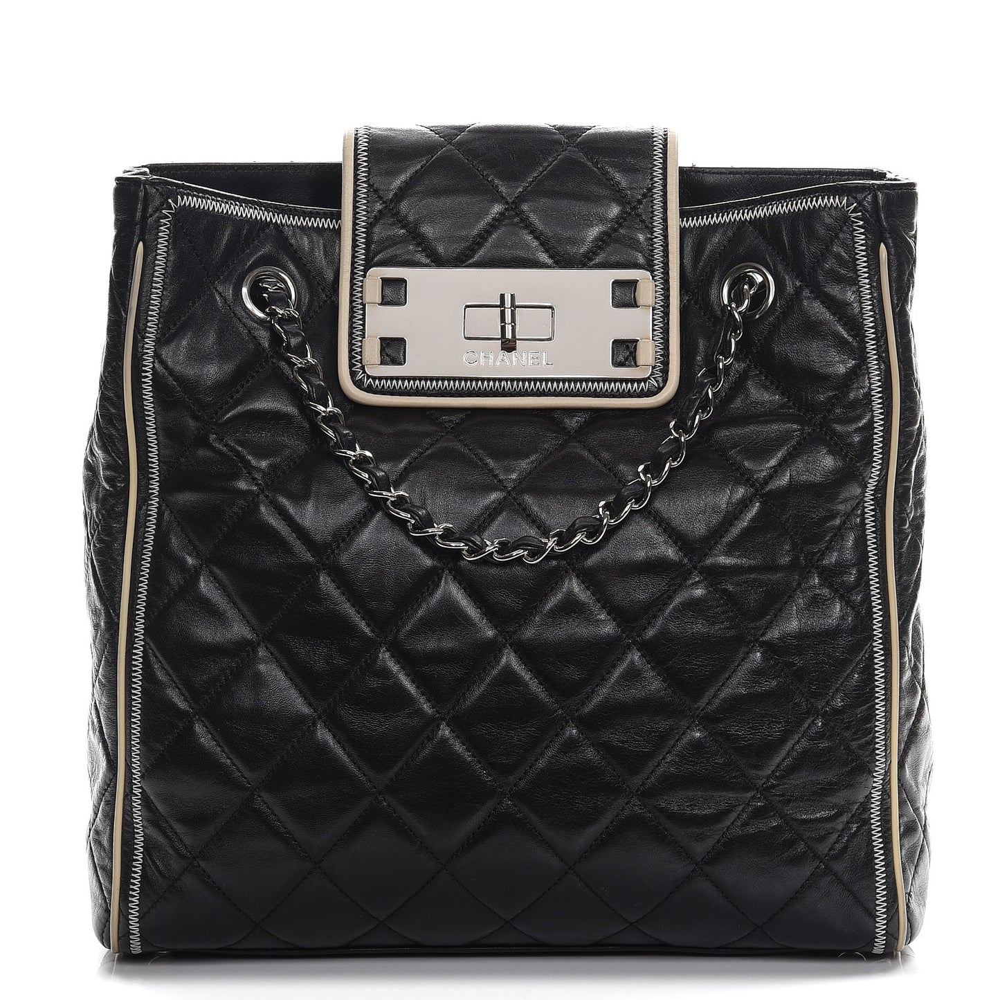 Glazed Lambskin Quilted Large North South Tote Black