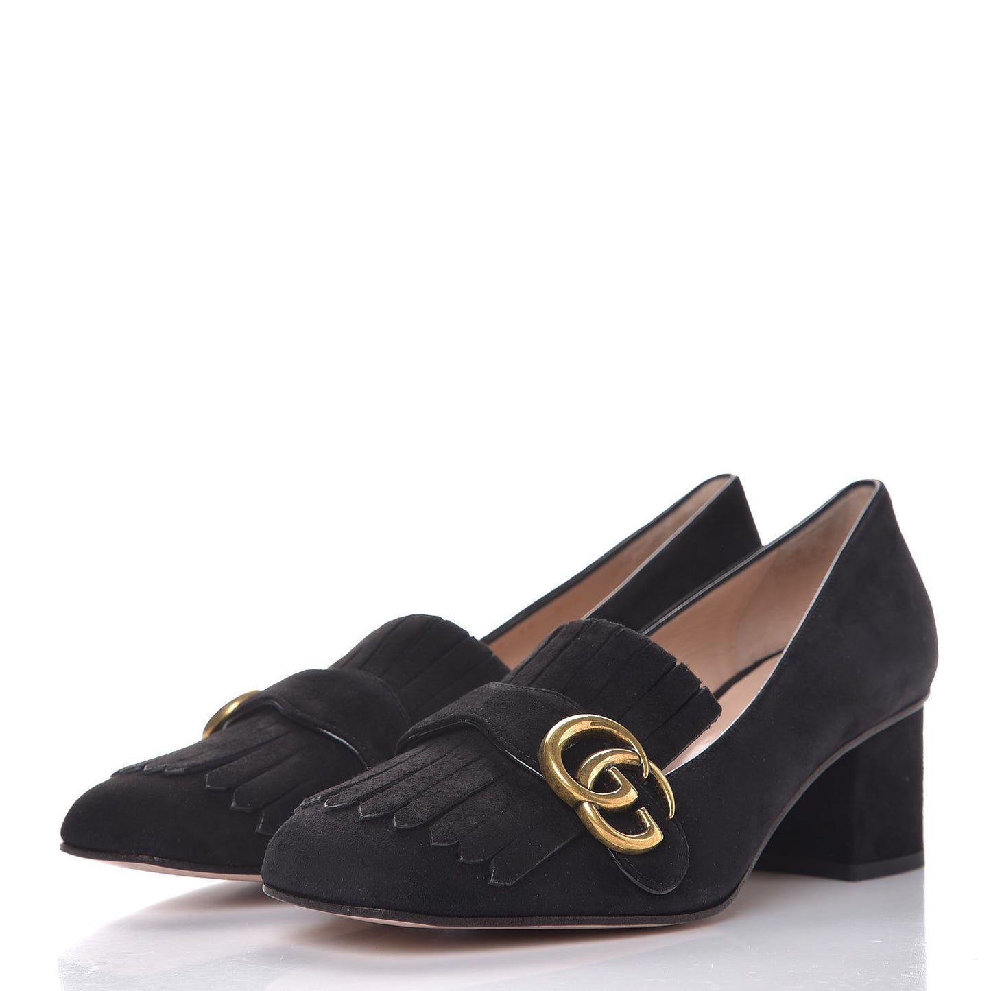 Kid Scamosciato GG Marmont Fringe 50mm Loafer Pumps 38 Black