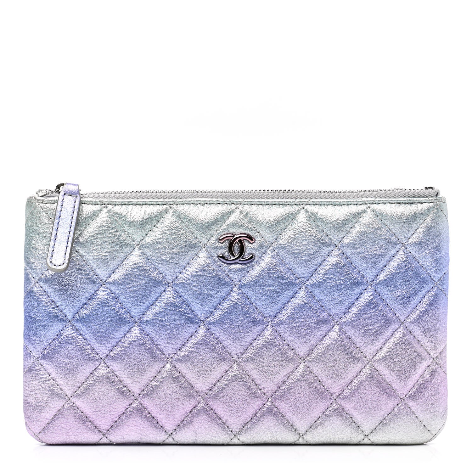 Chanel Gradient Metallic Calfskin Quilted Cosmetic Case Silver Blue Yellow Purple 1 of 9