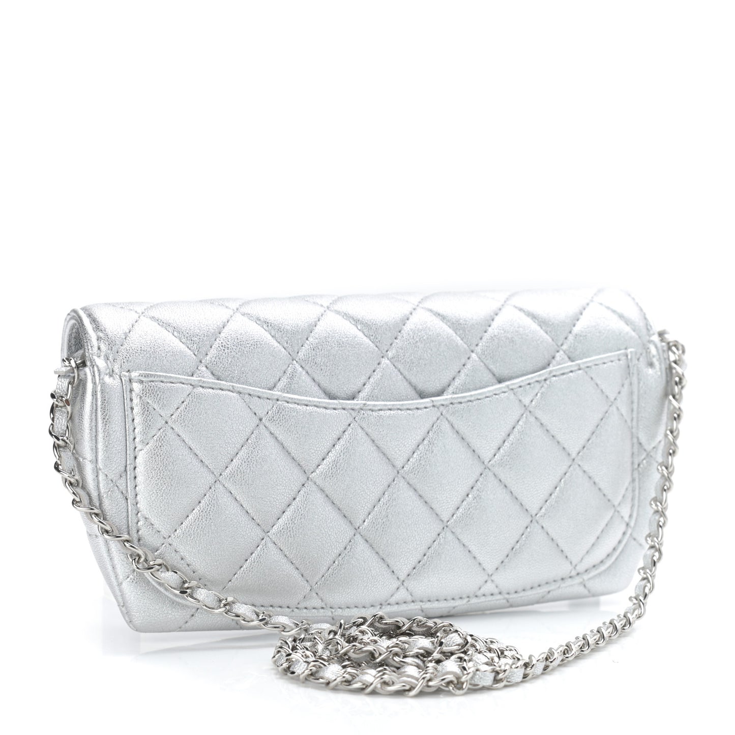 Metallic Lambskin Quilted Glasses Case With Chain Silver