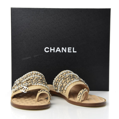 Chanel Pearl Lambskin Chain Flat Sandals 36 Beige 10 of 10