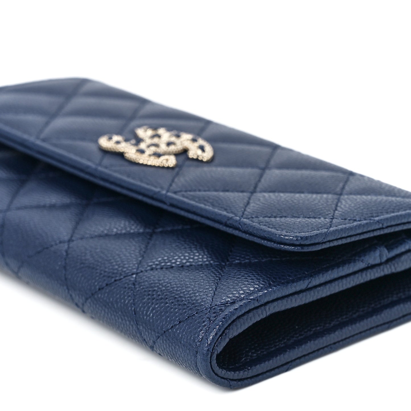 Caviar Quilted Crystal Long Flap Wallet Navy Blue