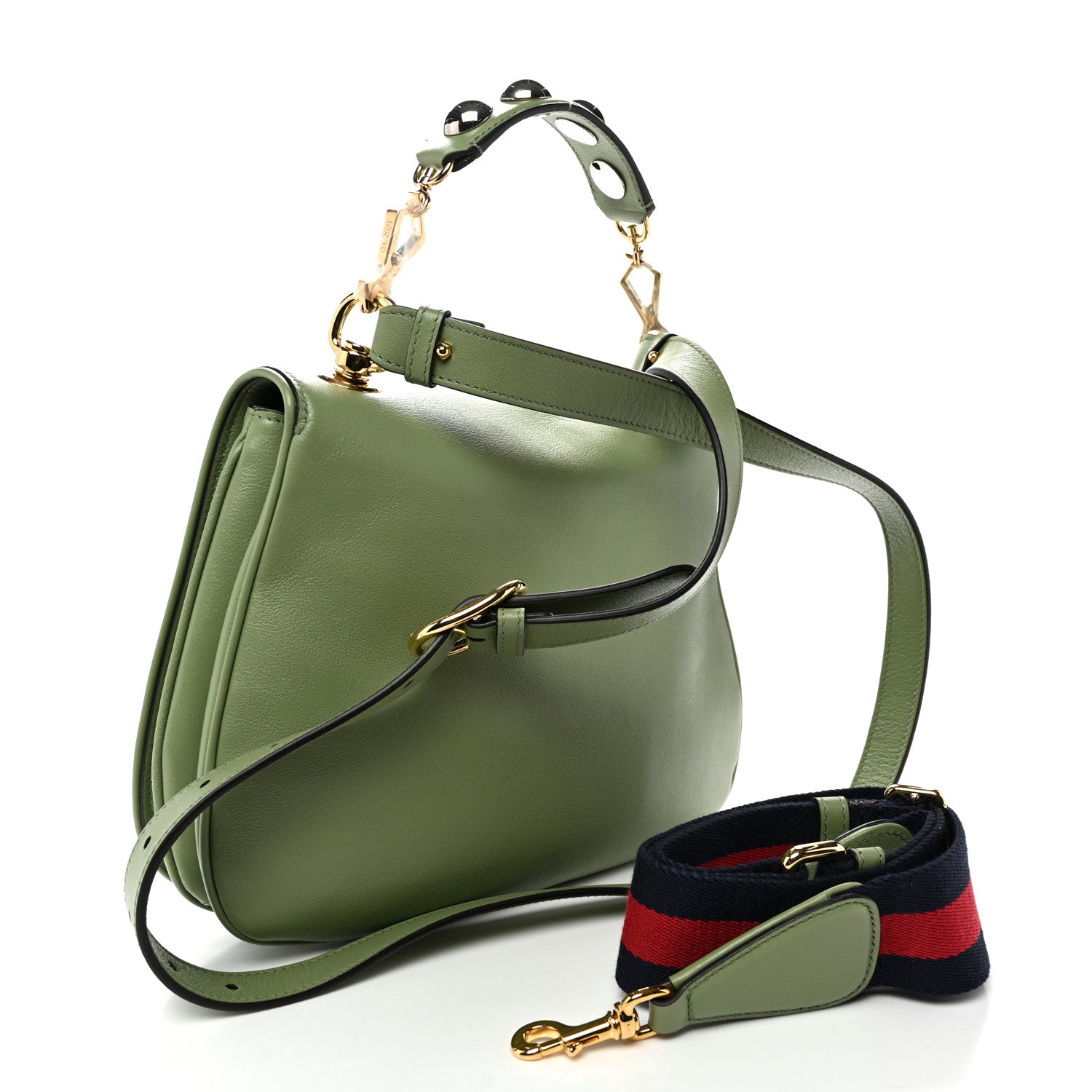 Gucci Roxy Calfskin Web Medium Blondie Top Handle Shoulder Flap Bag Salamander Green 3 of 11
