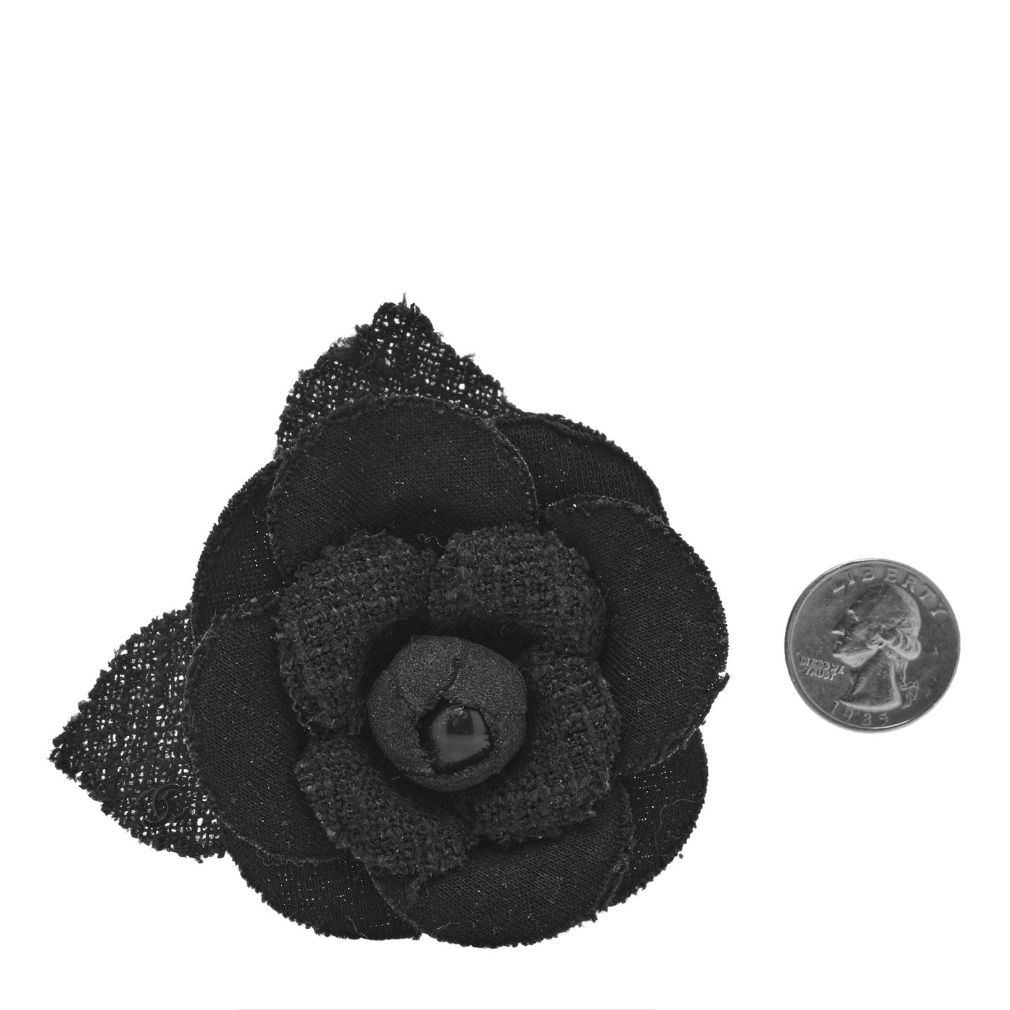 Tweed Fabric Camellia Pin Brooch Black