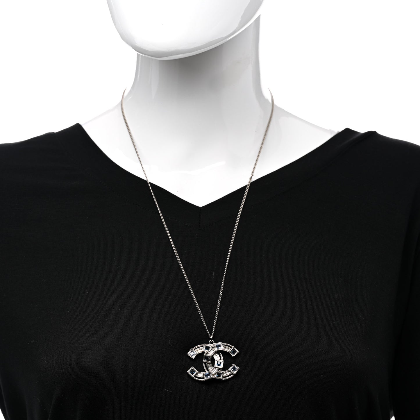 Crystal Baguette CC Pendant Necklace Silver Blue