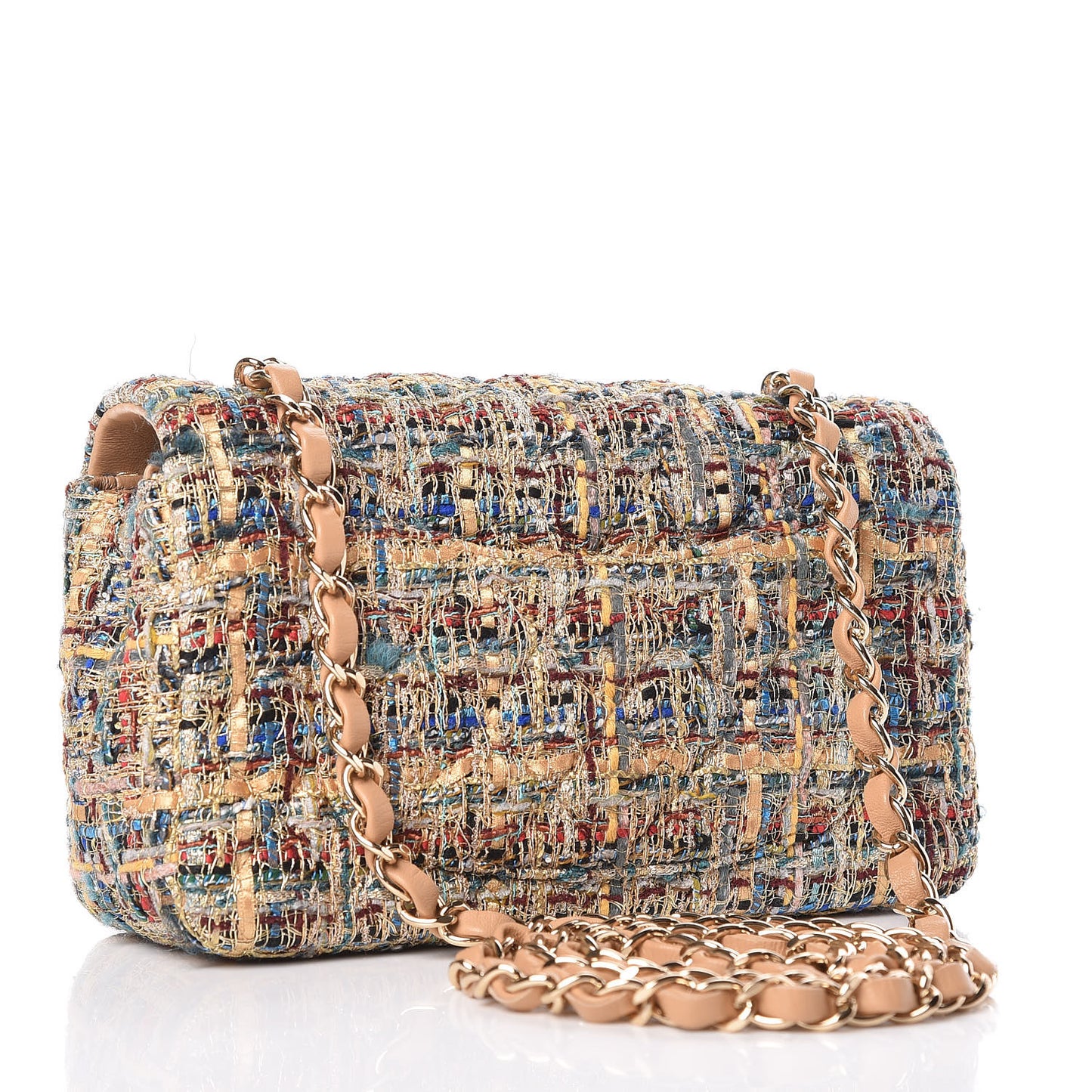 Tweed Quilted Mini Rectangular Flap Gold Blue