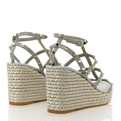 Valentino Garavani Calfskin Rockstud Ankle Strap Torchon Espadrille Caged 25/95mm Wedge Sandals 41 Opal Grey Argento Champagne 4 of 9