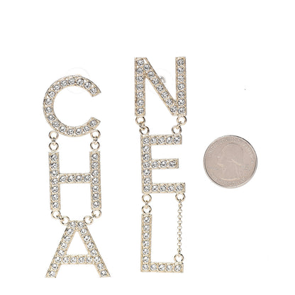 Chanel Crystal Cha-Nel Logo Drop Earrings Gold 2 of 5