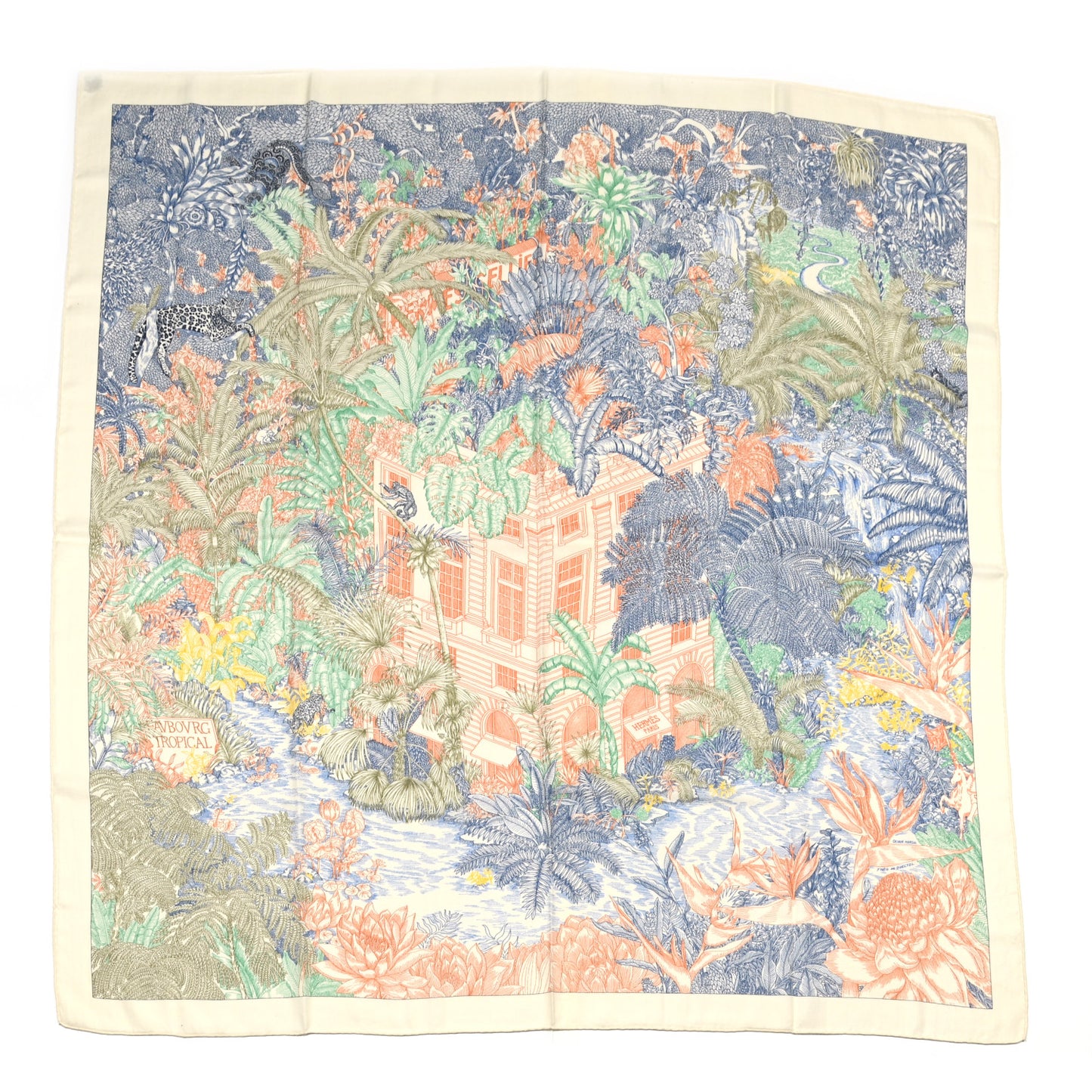 Cashmere Silk Faubourg Tropical Shawl 140 White Bleu Abricot
