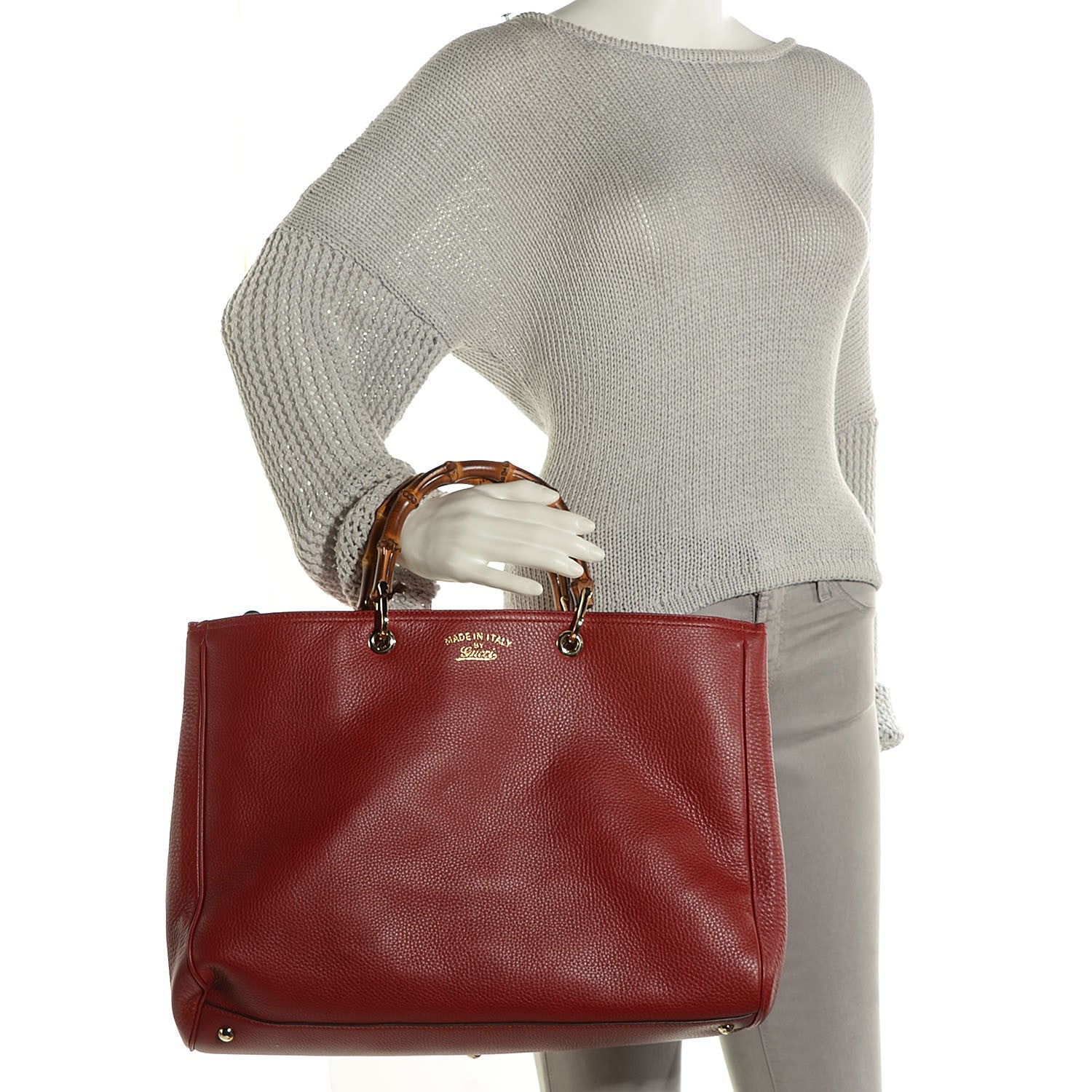 Gucci Calfskin Large Bamboo Shopper Tote Red 2 of 9