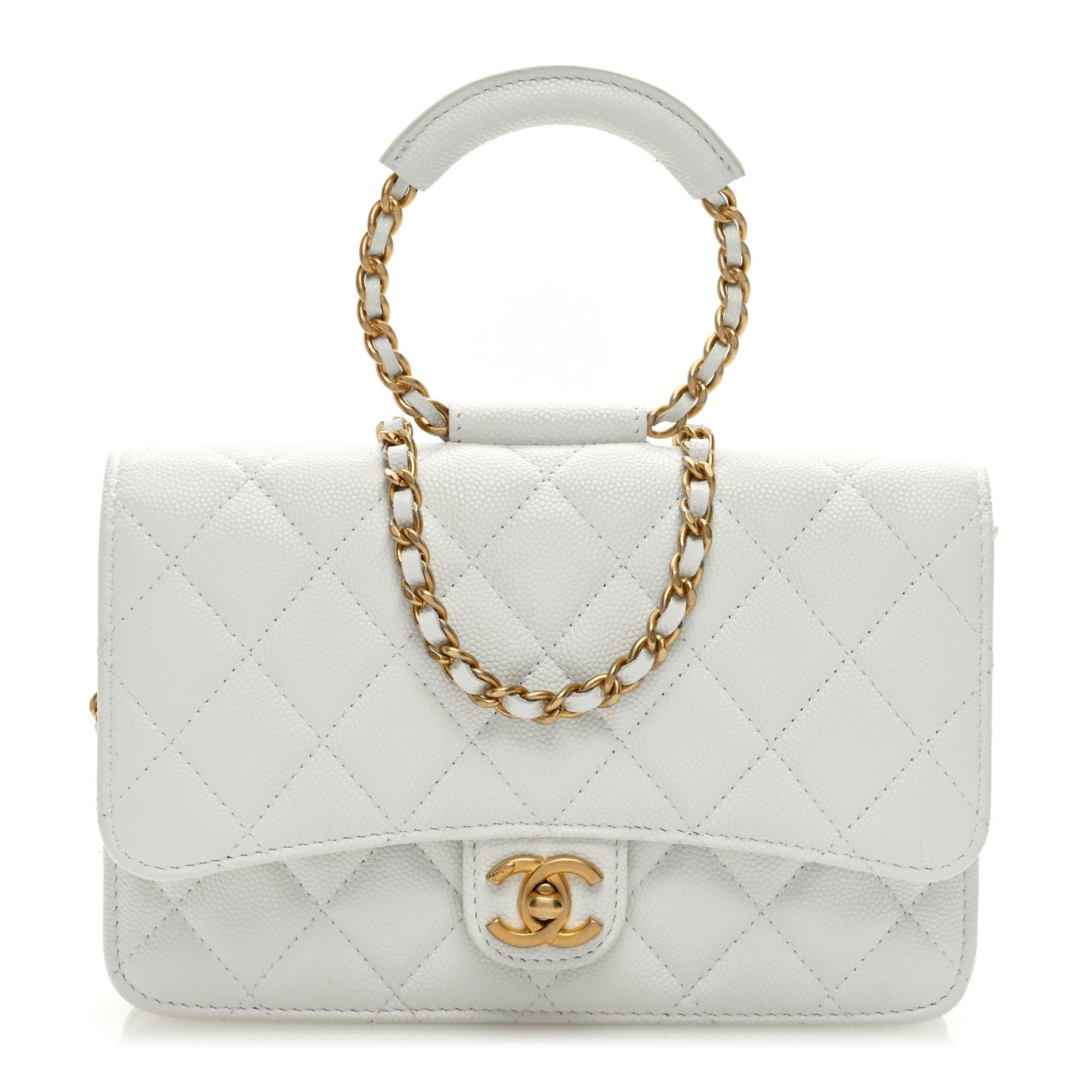 Caviar Quilted Chain Handle Round Wallet On Chain WOC White