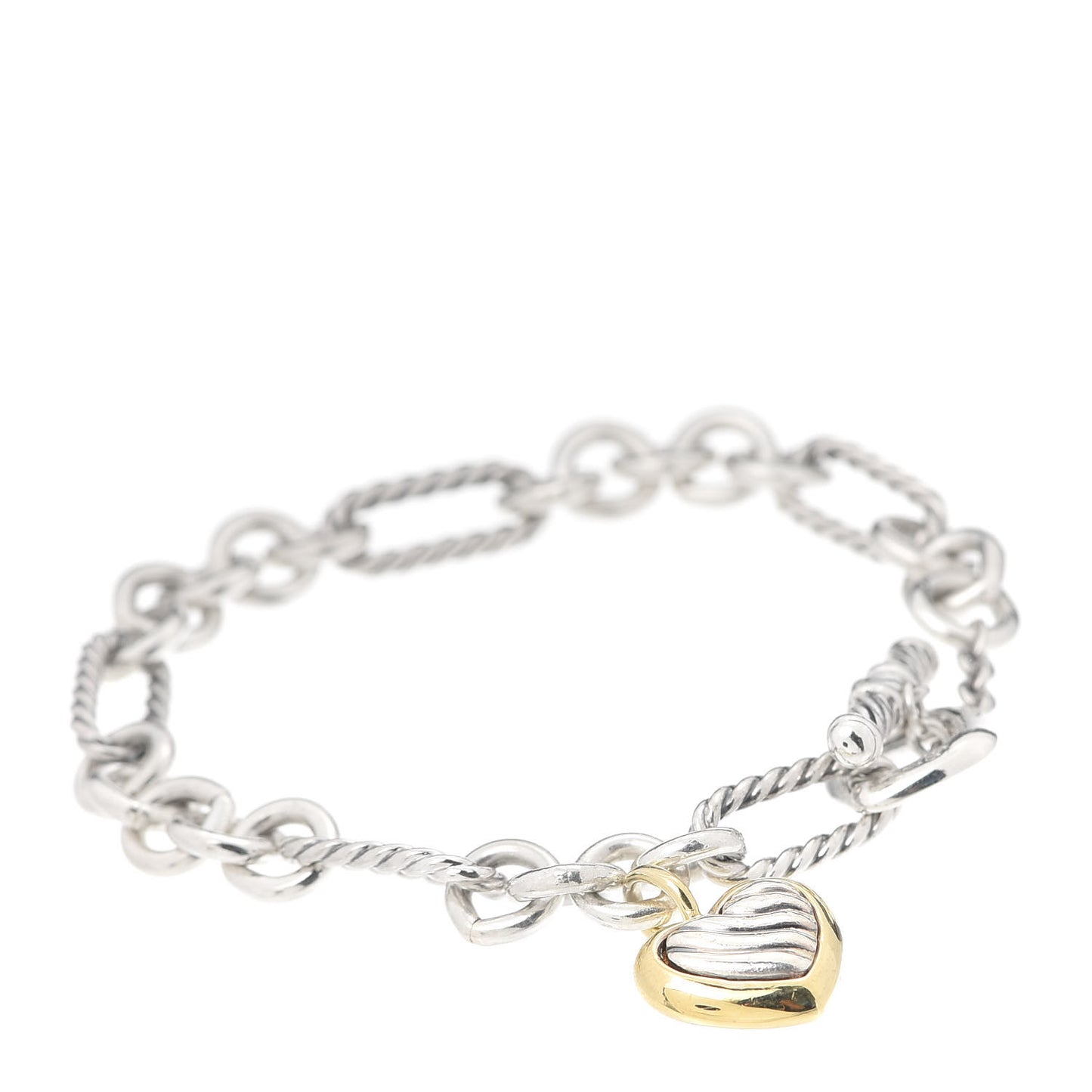 Sterling Silver 18K Yellow Gold Cable Heart Charm Bracelet