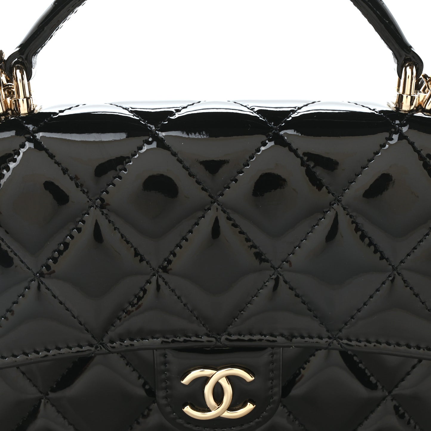 Patent Calfskin Quilted Flap Phone Holder With Chain Black