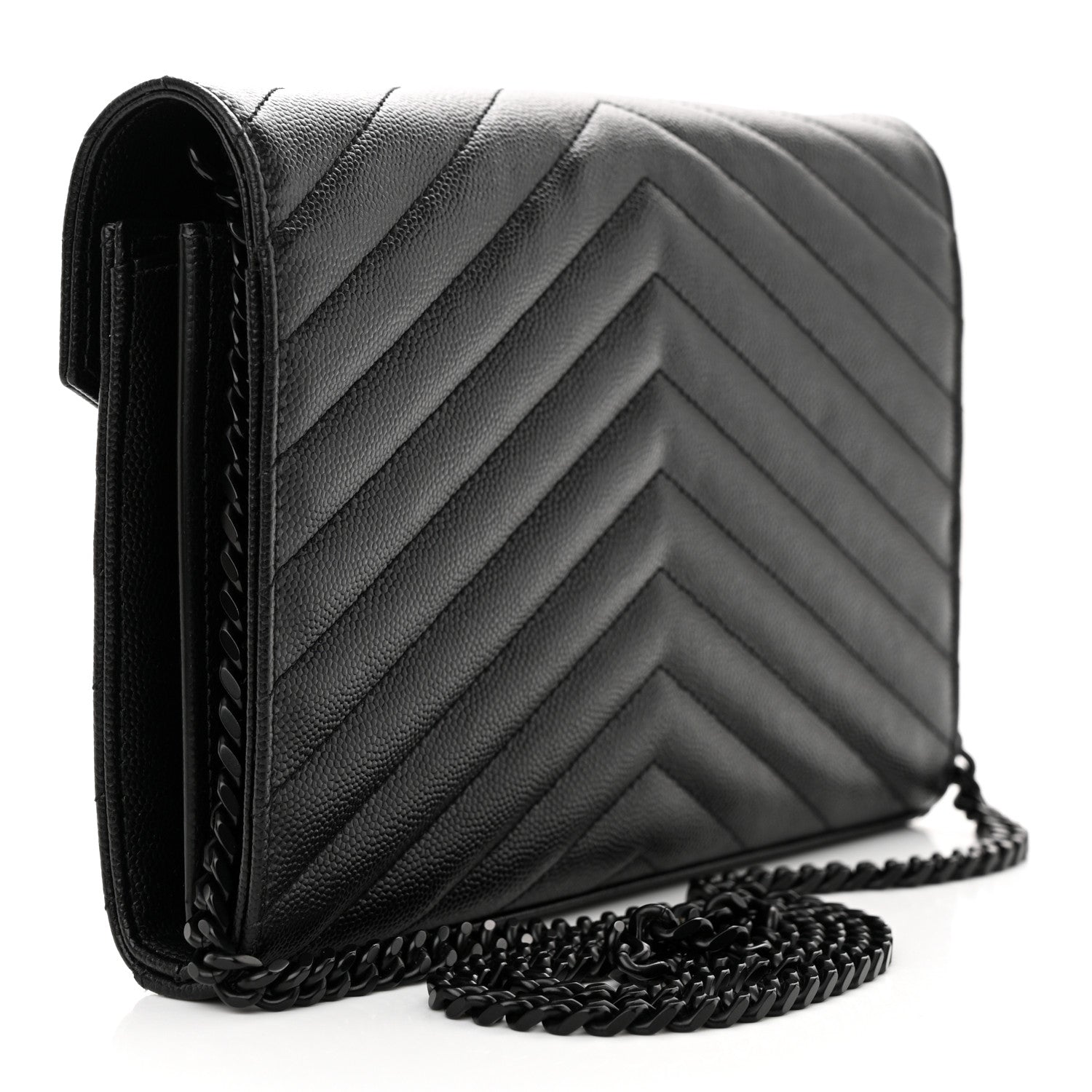 Saint Laurent Grain De Poudre Matelasse Chevron Monogram Monochrome Chain Wallet Black 3 of 14
