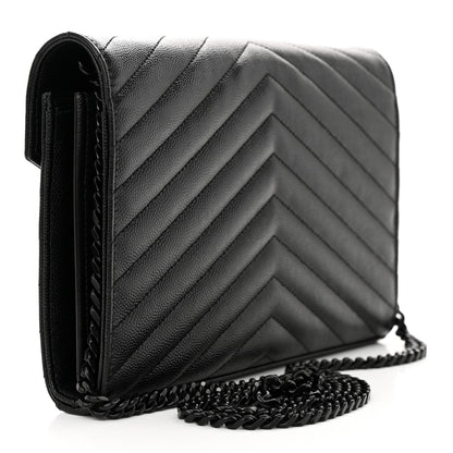 Saint Laurent Grain De Poudre Matelasse Chevron Monogram Monochrome Chain Wallet Black 3 of 14