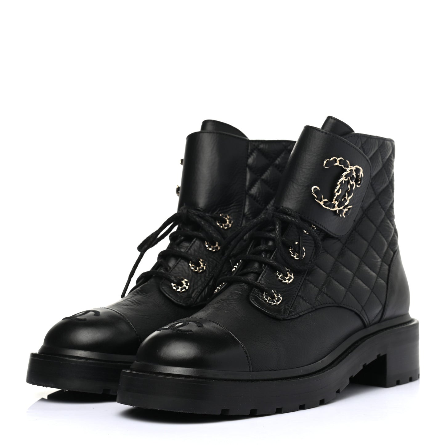 Shiny Goatskin Calfskin Quilted Lace Up Combat Boots 40 Black