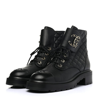 Chanel Shiny Goatskin Calfskin Quilted Lace Up Combat Boots 40 Black 3 of 7