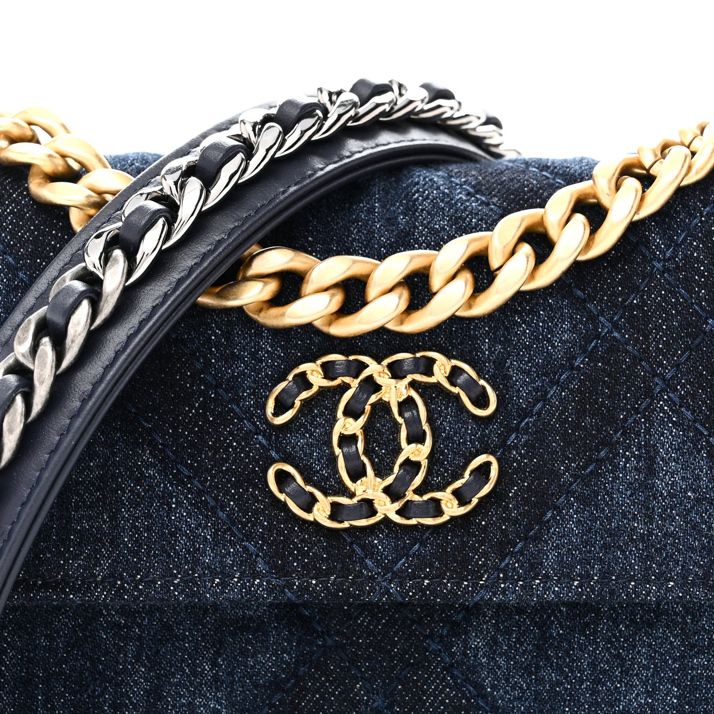 Denim Quilted Chanel 19 Flap Phone Holder With Chain Blue