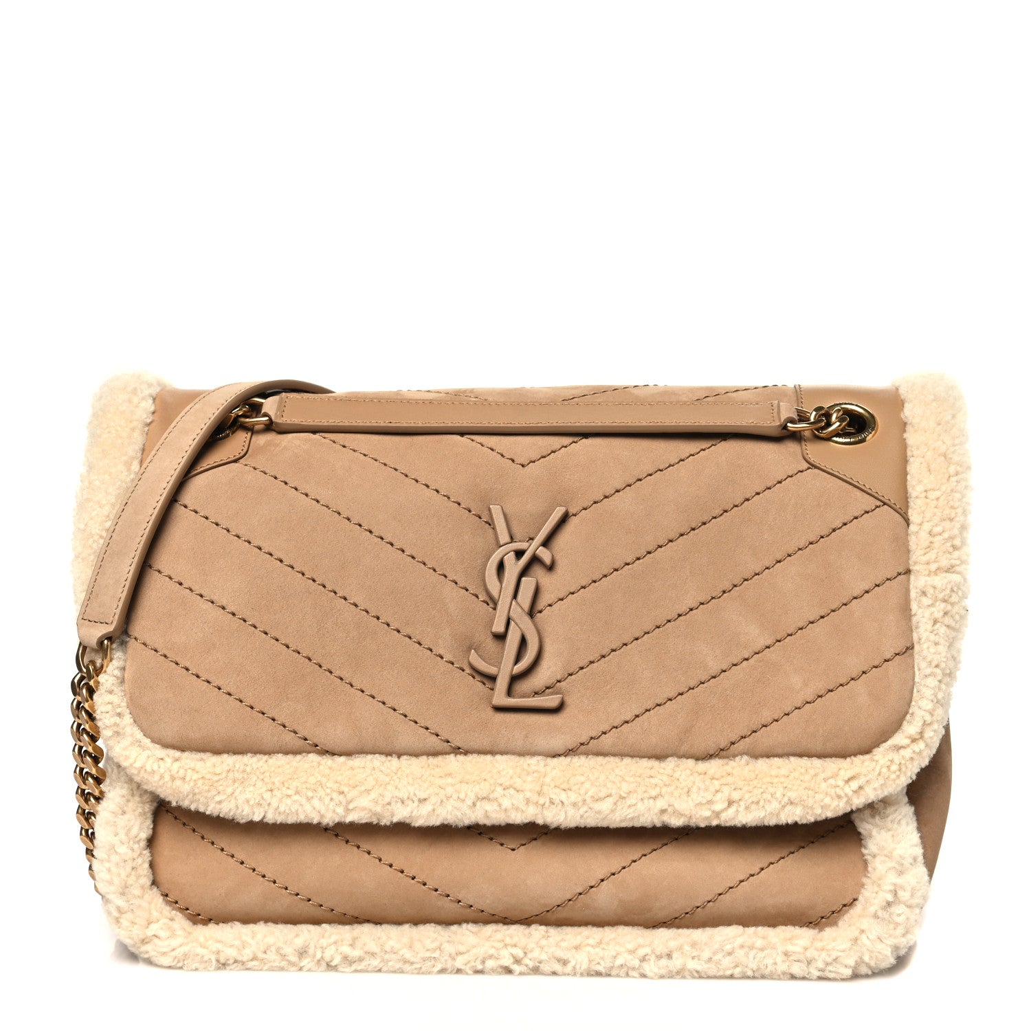 Saint Laurent Nubuck Shearling Monogram Medium Niki Chain Satchel Ivory Natural Tan 1 of 9