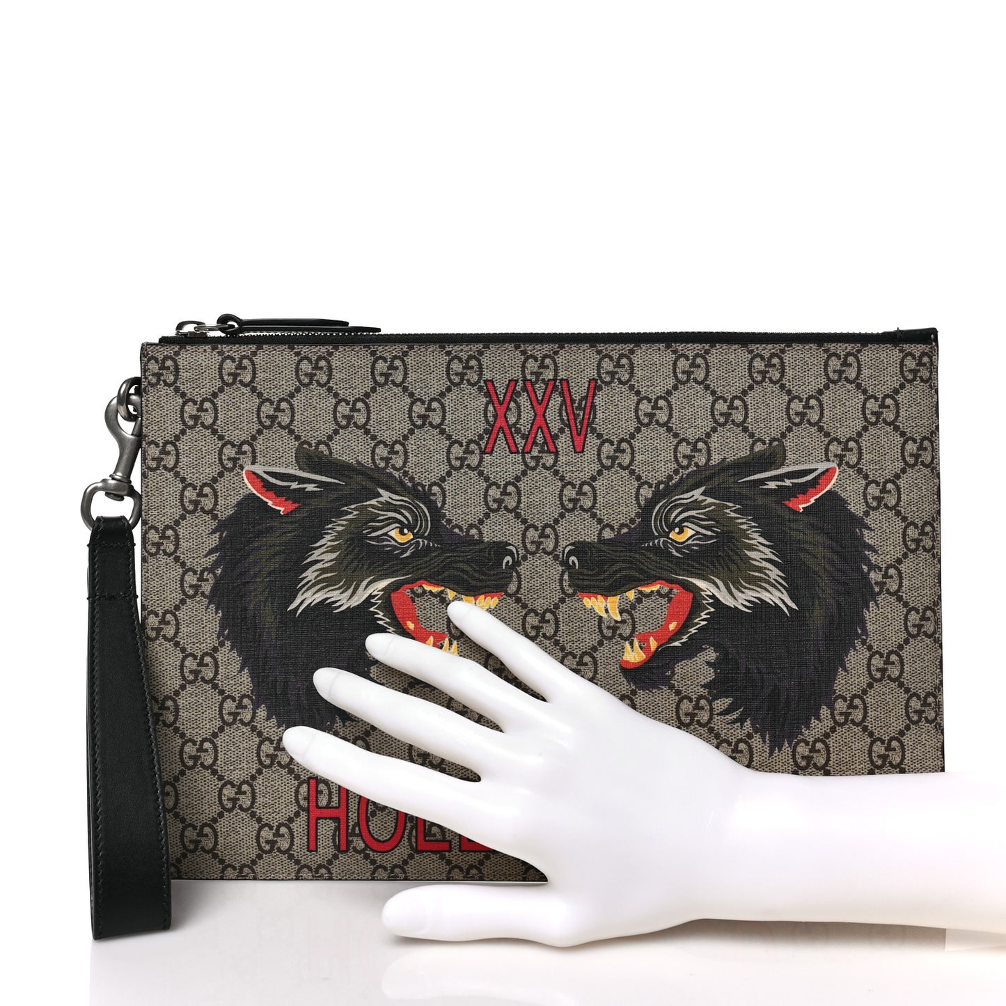 GG Supreme Monogram Wolf Zip Wristlet Pouch Beige