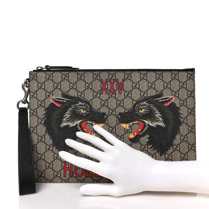 Gucci GG Supreme Monogram Wolf Zip Wristlet Pouch Beige 2 of 7