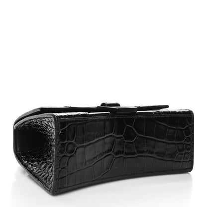 Balenciaga Shiny Calfskin Monochrome Crocodile Embossed Small Hourglass Top Handle Bag Black 4 of 10