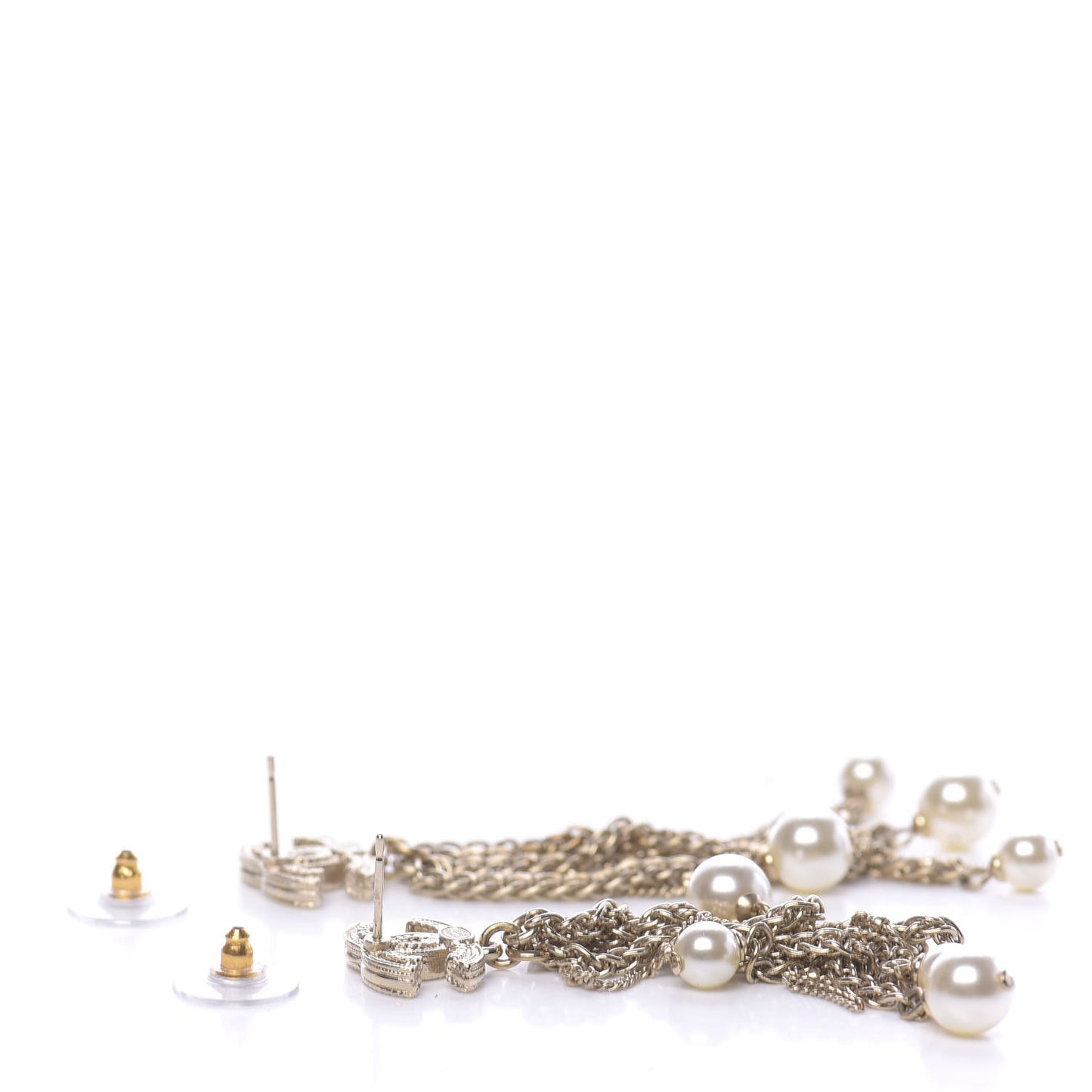 Glass Pearl CC Long Drop Earrings Gold