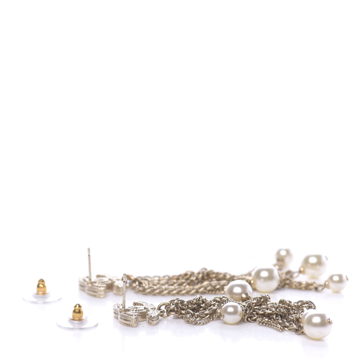 Chanel Glass Pearl CC Long Drop Earrings Gold 3 of 5