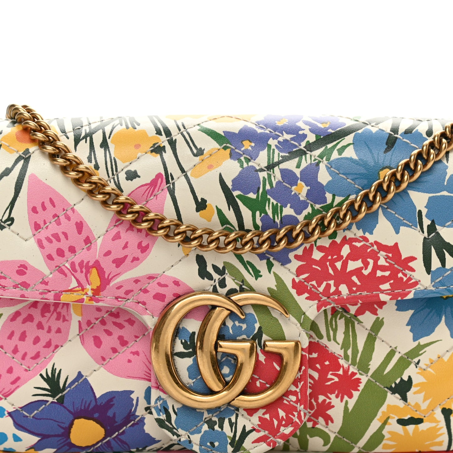 X KEN SCOTT Calfskin Matelasse Floral Print Super Mini GG Marmont Shoulder Bag Ivory Pink