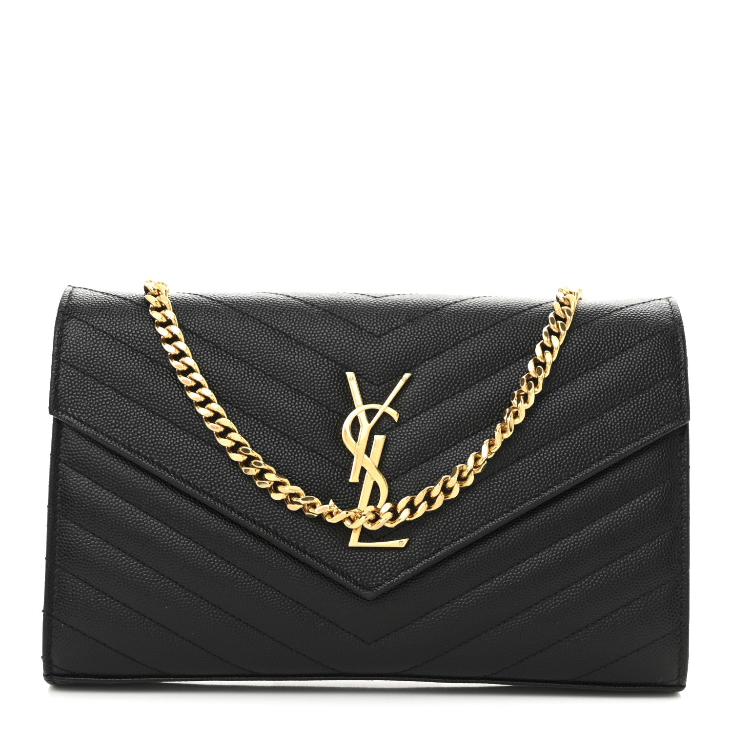 Saint Laurent Grain De Poudre Matelasse Chevron Monogram Chain Wallet Black 1 of 9