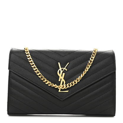 Saint Laurent Grain De Poudre Matelasse Chevron Monogram Chain Wallet Black 1 of 9
