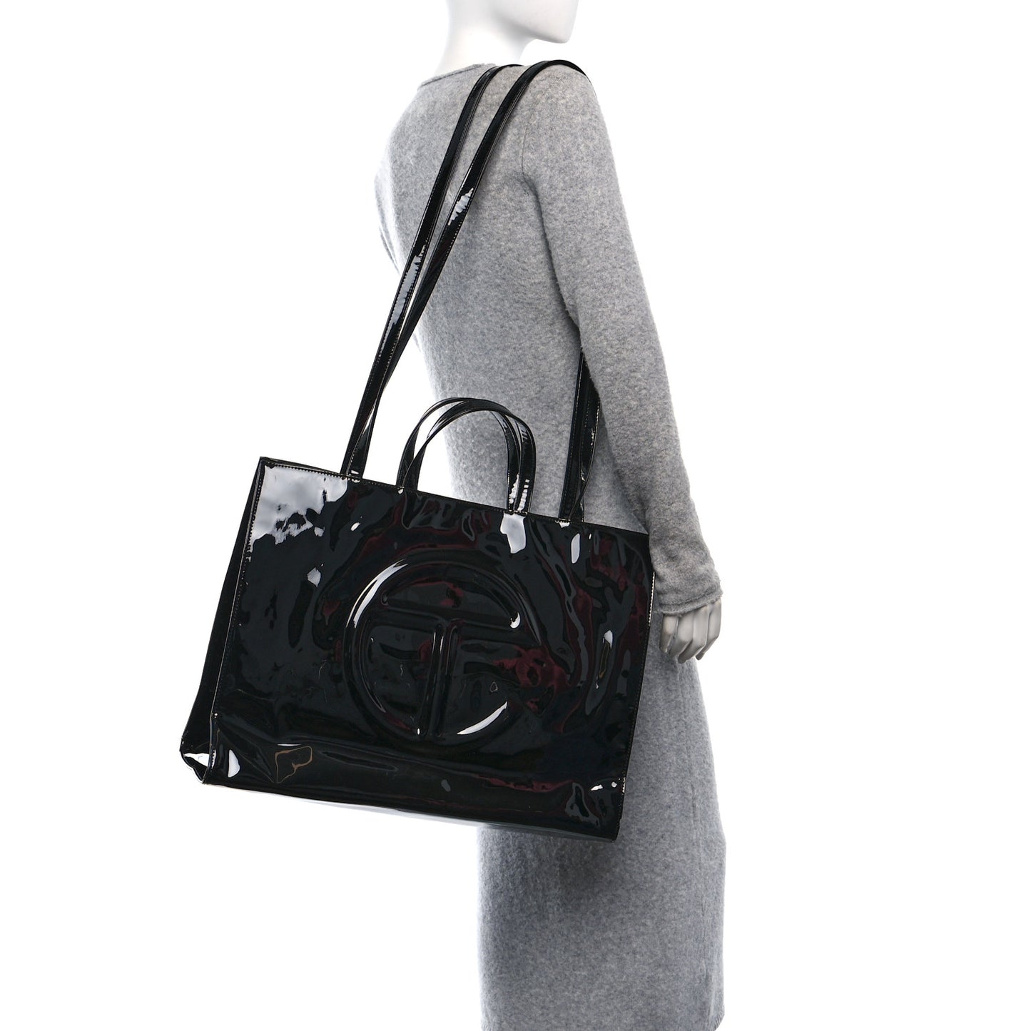 Patent Vegan Leather Large Shopping Bag Black