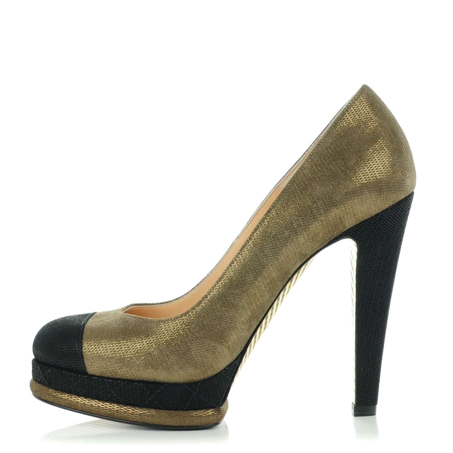 Chanel Metallic Fabric CC Cap Toe Pumps 38.5 Khaki Black 1 of 8