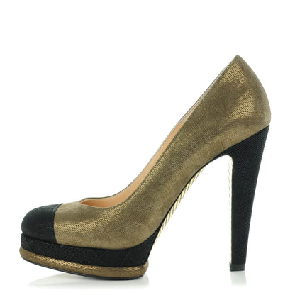 Chanel Metallic Fabric CC Cap Toe Pumps 38.5 Khaki Black 1 of 8