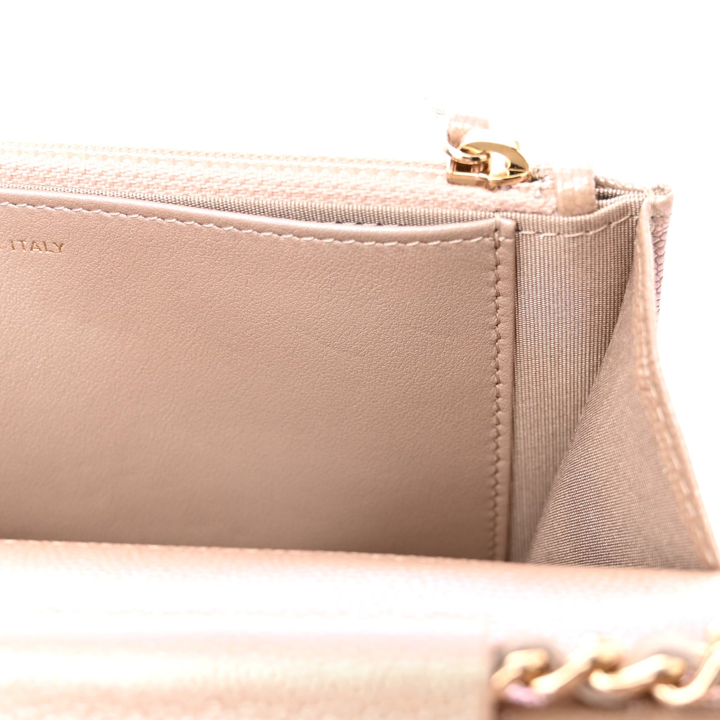 Iridescent Caviar Quilted Wallet on Chain WOC Beige