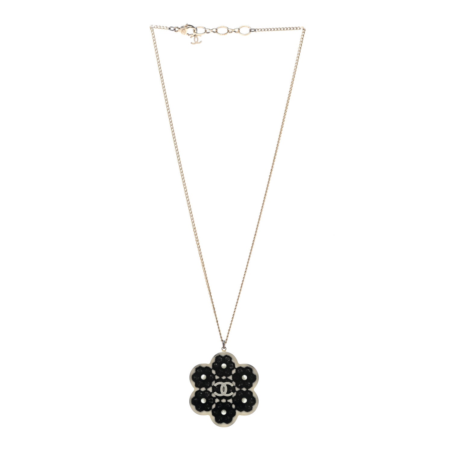 Chanel Resin Pearl Lace CC Necklace Black Gold 3 of 9
