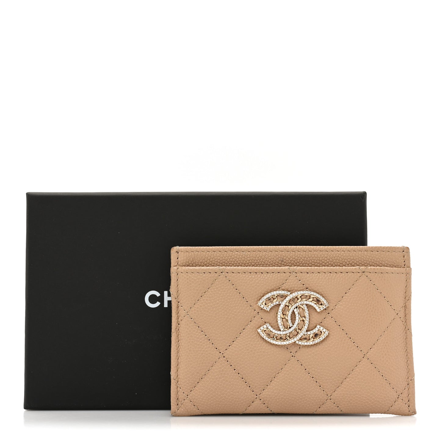 Caviar Quilted Crystal Card Holder Beige